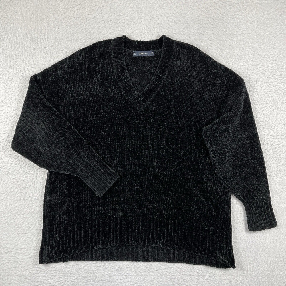 Zara Knit Sweater Womens Small Black Oversized Cozy Soft V Neck Pullover Work